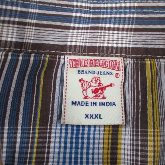 True Religion Shirt Mens 3XL Brown Blue Plaid Pearl Snap Button Western Pockets - Picture 6 of 11